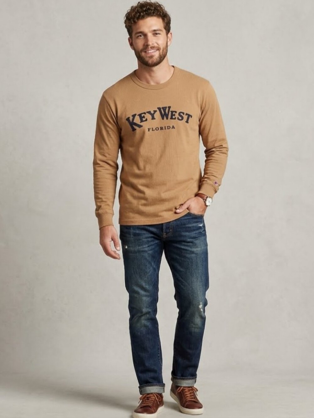 Supreme Key West Florida Long Sleeve Shirt Tan Brown Men's Size M Vintage Style